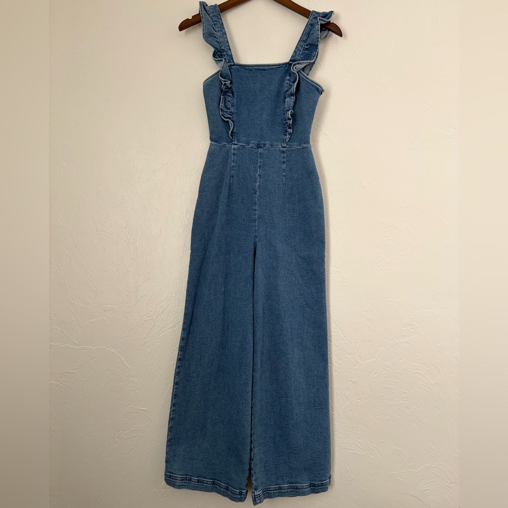 BDG Denim Wide Leg Jumpsuit with Ruffle Straps